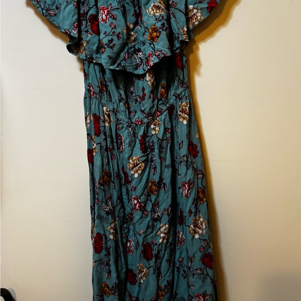 Justify Blue and Black Ruffled Off-the-Shoulder Maxi Dress
